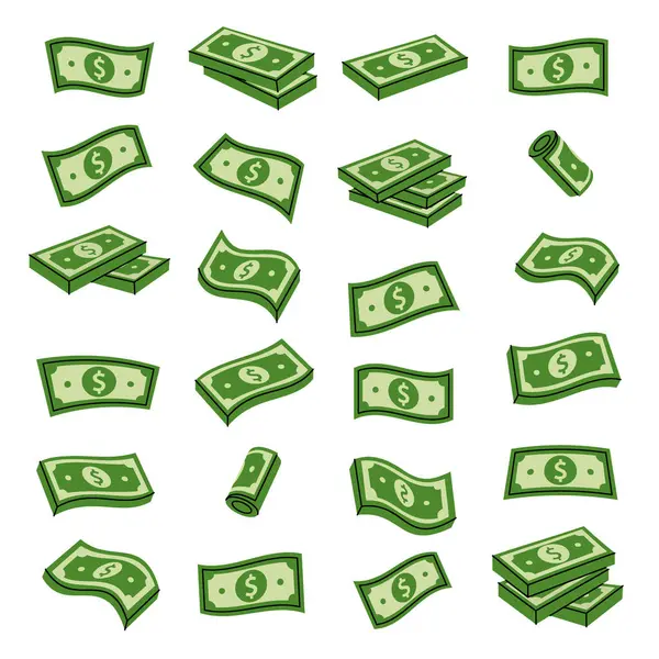 Bir dizi yeşil dolar. Finans, yatırım, iş konsepti. Vektör çizimi. Beyaz arkaplanda izole.