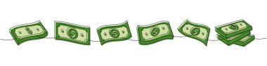 Para banknotları bir çizgi çizer. Renkli sürekli çizim. Para yatırımı ve finans. Vektör çizimi. Beyaz arkaplanda izole