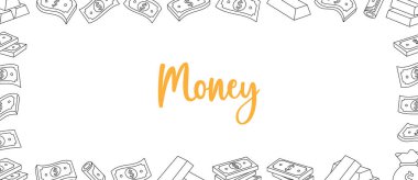 Para ana hatları afişi. Uçan para, banknotlar, yığınla para, dolar banknotları, altın paralar ve külçeler. Vektör illüstrasyonu.