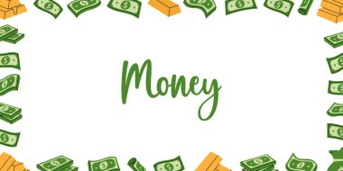 Para dolar nakit yatay ana hatlı afiş. Uçan para, banknotlar, yığınla para, dolar banknotları, altın paralar ve külçeler. Para yatırımı kavramı. Vektör illüstrasyonu.