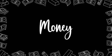 Para yatay afişi. Uçan para, banknotlar, yığınla para, dolar banknotları, altın paralar ve külçeler. Para yatırımı kavramı. Vektör çizimi. Siyah arkaplanda izole