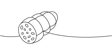 Çiğ sosis bir çizgi sürekli çizim. Yarı bitmiş ürünler. Vektör çizimi. Beyaz arkaplanda izole