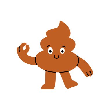 Komik çizgi film dışkısı karakteri iyi bir el işareti yapıyor, büyük bir gülümsemeyle, oyuncu ve anlamlı. Vektör çizimi. Beyaz arkaplanda izole