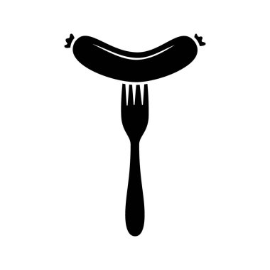 Sosis ikonlu çatal. Mezbaha sosisi menüsü. Gıda pazarı için logoti şablonu, ekommerce, organik ürünler promosyonu. Vektör çizimi. Beyaz arkaplanda izole.