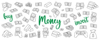 Dolar banknotları ayarlandı. Uçan para, banknotlar, yığınla para, dolar banknotları, altın paralar ve külçeler. Para yatırımı ve iş konsepti. Nakit kağıt para. Vektör illüstrasyonu.