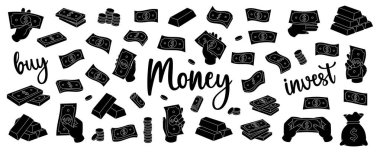 Kara para ayarlandı. Uçan para, yeşil banknotlar, yığınla para, dolar banknotları, altın sikkeler ve çubuklar. Para yatırımı ve iş konsepti. Nakit kağıt para. Vektör illüstrasyonu.