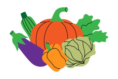 Taze sebzeler. Kabak, kabak, dolma biber, patlıcan, lahana, turp. Organik çiftlik sebzeleri. Vektör çizimi. Beyaz arkaplanda izole.