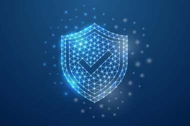 Düşük polimerli 3D işaretli kalkan. Güvenlik tasarımı konsepti çizimi. Siber kalkan, antivirüs, internet güvenliği çokgen kablo. Çokgen düşük poligonal 3D tasarım kavramı