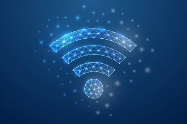 Düşük polimerli Wi-Fi sembolü. İnternet alanı tasarım konsepti çizimi. Çokgen kabloyu bağla. Çokgen düşük poligonal 3D tasarım kavramı