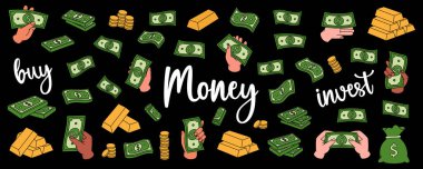 Yeşil banknotlar. Uçan para, yeşil banknotlar, yığınla para, dolar banknotları, altın sikkeler ve çubuklar. Nakit kağıt para. Vektör çizimi. Siyah arkaplanda izole