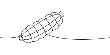 Jambonlu sosis. Bir sıra sürekli çizim. Yarı bitmiş ürünler. Vektör çizimi. Beyaz arkaplanda izole