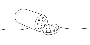 Dilimlenmiş sosis. Bir çizgi sürekli çizim. Kasap eti. Vektör çizimi. Beyaz arkaplanda izole