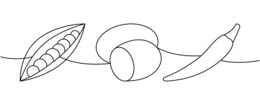 Bir demet bezelye, patates, kırmızı biber bir satır sürekli çizim. Taze organik sebzeler. Vektör çizimi. Beyaz arkaplanda izole