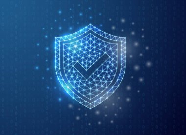 İkili kod arka planı olan çokgen işaretli kalkan. Güvenlik konsepti tasarım çizimi. Mavi internet güvenliği düşük poli sembolü. Çokgen düşük poligonal 3D tasarım kavramı