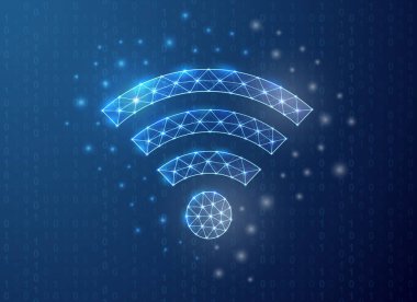 Kablosuz ağ çokgen sembolü ikili kod arka planı. İnternet alanı tasarım illüstrasyonu. Çokgen kabloyu bağla. Çokgen düşük poligonal 3D tasarım kavramı