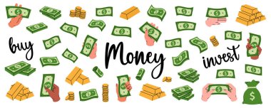 Dolar banknotları ayarlandı. Uçan para, yeşil banknotlar, yığınla para, dolar banknotları, altın sikkeler ve çubuklar. Para yatırımı ve iş konsepti. Vektör çizimi. Beyaz arkaplanda izole.