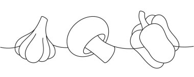 Sarımsak soğanı, mantar, taze biber bir çizgi sürekli çizim. Taze organik sebzeler. Vektör çizimi. Beyaz arkaplanda izole