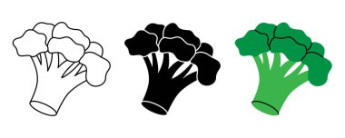 Brokoli ikonu seti. Mutfak, menü, gıda paketi tasarımı için taze organik sebze sembolü. Vektör çizimi. Beyaz arkaplanda izole