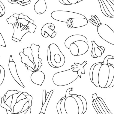 Sebzeler ana hatlarını belirler. Doğal vejetaryen yiyecekler. Sebzeler gıda pazarı, ekommerce, ürün tanıtımı için şablon dizayn eder. Vektör çizimi. Beyaz arkaplanda izole