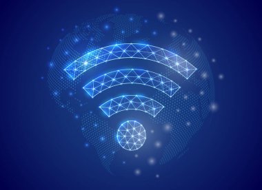Dünya haritası geçmişi olan kablosuz ağ düşük poli sembolü. İnternet alanı tasarım illüstrasyonu. Çokgen sembolü bağla. Çokgen düşük poligonal 3D tasarım kavramı