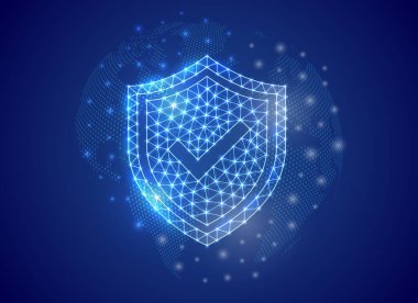 Mavi dünya haritası arkaplan işaretli 3d düşük poli sembollü kalkan. Antivirüs tasarım illüstrasyonu. Siber güvenlik çokgen sembolü. Çokgen düşük poligonal 3D tasarım kavramı