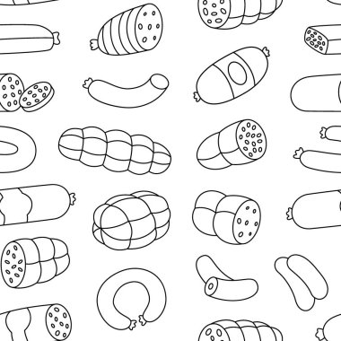 Sosisler ana hatları çiziyor. Kasap eti. Gıda pazarı, ekommerce, ürün tanıtımı için kasaplık menüsü tasarım şablonu. Vektör çizimi. Beyaz arkaplanda izole