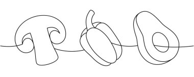 Taze mantar, dolmalık biber, avokado aralıksız çizim. Taze organik sebzeler. Vektör çizimi. Beyaz arkaplanda izole