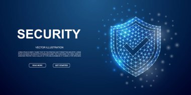 Mavi iniş sayfası için işaretli 3d düşük poli sembollü kalkan. İnternet güvenlik tasarımı illüstrasyon kavramı. Çokgen antivirüs çizimi. Düşük polimerli 3D tasarım kavramı