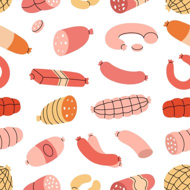 Sosis desenli. Taze çiğ sosis. Gıda pazarı, ekommerce, ürün tanıtımı için kasaplık menüsü tasarım şablonu. Vektör çizimi. Beyaz arkaplanda izole