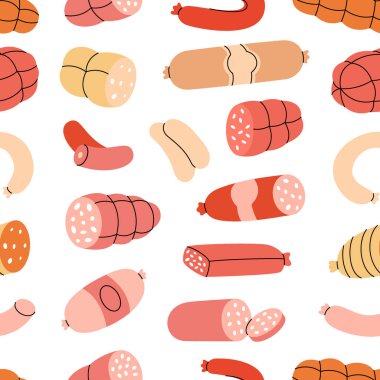 Taze sosis deseni. Yarı bitmiş ürünler. Gıda pazarı, ekommerce, ürün tanıtımı için kasaplık menüsü tasarım şablonu. Vektör çizimi. Beyaz arkaplanda izole