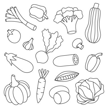Ana hatlı sebze sembolleri. Taze organik sebzeler. Sağlıklı beslenme. Vektör çizimi. Beyaz arkaplanda izole.