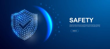 Web sitesi şablonu için 3d çokgen işaretli kalkan. Düşük oranda siber güvenlik illüstrasyonu. İnternet güvenlik tasarımı illüstrasyon kavramı. Çokgen düşük poligonal 3D tasarım kavramı