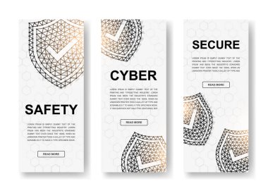 Çokgen dikey pankart işaretli bir kalkan seti. Bağlı noktalı antivirüs düşük poli sembolleri. Ana sayfa tasarımı için internet güvenliği dikey illüstrasyonu. Düşük polimerli 3D tasarım kavramı