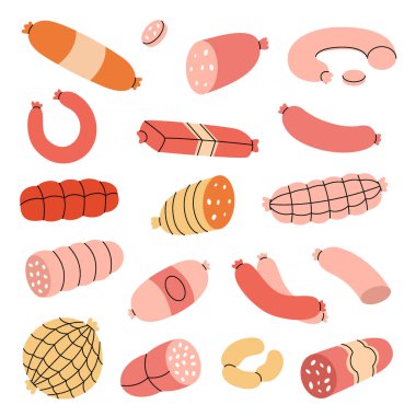 Çiğ sosis. Yarı bitmiş ürünler. Gıda pazarı, ekommerce, ürün tanıtımı için kasaplık menüsü tasarım şablonu. Vektör çizimi. Beyaz arkaplanda izole