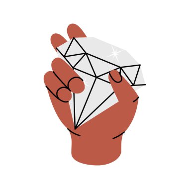 Elmas tutan bir el. Ruhani kristal. Sihirli taş, elmas ve mücevher kristali. Vektör çizimi. Beyaz arkaplanda izole.