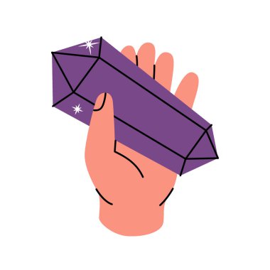 Renkli bir kristali tutan el. Ruhani kristal. Gemstone, ametist, yakut, safir, zümrüt, topaz ve kuvars. Vektör çizimi. Beyaz arkaplanda izole.