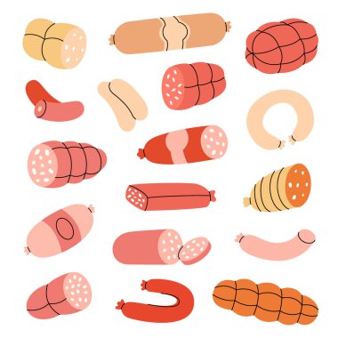 Taze sosisler. Sosis ürünleri. Gıda pazarı, ekommerce, ürün tanıtımı için kasaplık menüsü tasarım şablonu. Vektör çizimi. Beyaz arkaplanda izole