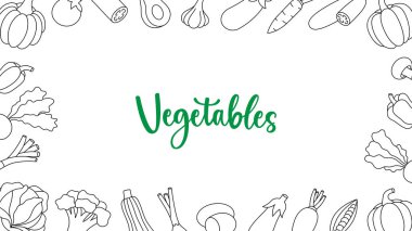 Sebzeler yatay ana hatlı afiş. Taze çiğ sebze. Organik yiyecekler gıda pazarı, ekommerce, ürün tanıtımı için şablon tasarlar. Vektör çizimi. Beyaz arkaplanda izole