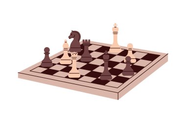 Taktik pozisyonlarda dizilmiş taşlarla vektör perspektif satranç tahtası. Tasarım kaynakları ve eğitim afişleri için mükemmel..