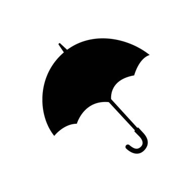 Kavisli saplı siyah bir şemsiye simgesi. Yağmur güvenliği, hava sembolleri, kentsel tasarım ve modern grafik projelerinde evrensel kullanım için minimum vektör biçimi.