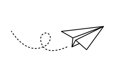 Kırpılmış bir uçuş rotasını takip eden kağıttan bir uçağın basit tasviri. Yön, sadelik ve keşfi temsil eden minimalist doğrusal çizim.