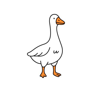 Rahat bir pozisyonda duran bir kaz çizgisi sanatı. Siyah çizgili ve turuncu aksanlı basit bir vektör çiftlik kuşu çizimi.