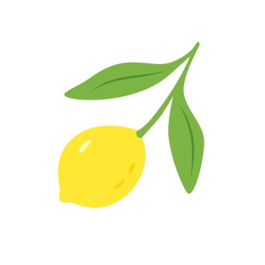 Temiz, minimalist düz bir dizaynda üç yeşil yapraklı tek bir limon meyvesinin canlı bir çizimi. Yemek temaları, mutfak dekorasyonu veya organik ürün ambalajı için ideal.