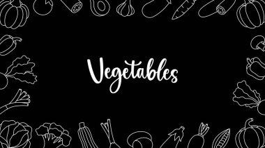 Sebze pankartı. Doğal vejetaryen yiyecekler. Sağlıklı beslenme. Organik sebzeler, tarım şirketleri ya da gıda paketleri tasarımı için tasarlandı. Vektör çizimi. Siyah arkaplanda izole