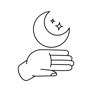 El ele tutuşarak ruhani bir ay. Gizemli, gizemli, sihirli ya da iyileştirici ay. Mistik astroloji hilal ayı. Vektör çizimi. Beyaz arkaplanda izole