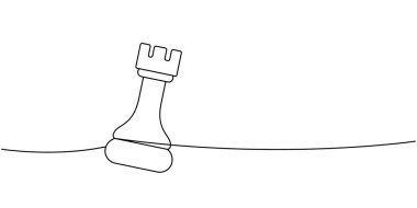 Satranç kalesinin düz bir çizgiye hafifçe eğilmiş doğrusal soyut çizimi. Satranç stratejisinde gücü, yapıyı ve savunmayı temsil eden asgari ve şık tasarım.