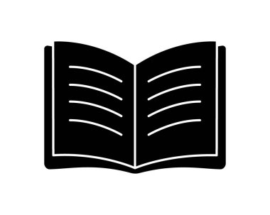 Açık bir kitabın siyah siluet simgesi. Basit minimalist tasarım, bilgi grafikleri, uygulamalar veya okumayla ilgili kavramlar için idealdir..