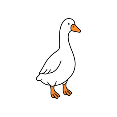 Basit bir kaz vektör çizimi sakin bir pozisyonda duruyor. Minimalist tasarım, temiz çizgiler ve gaga ve ayaklarda turuncu aksanlar..