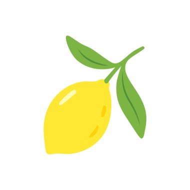 Beyaz arka planda izole edilmiş iki yeşil yapraklı, olgun bir limonu minimalist bir şekilde resmetmek. Tasarım ve dekorasyon için temiz, renkli sanat.