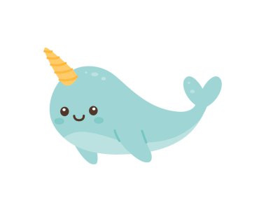 Sarı sarmal dişli gülümseyen bir deniz gergedanının vektör çizimi. Çocuk tasarımları, okyanus hayatı kavramları ve deniz temalı eğitim malzemeleri için mükemmel..